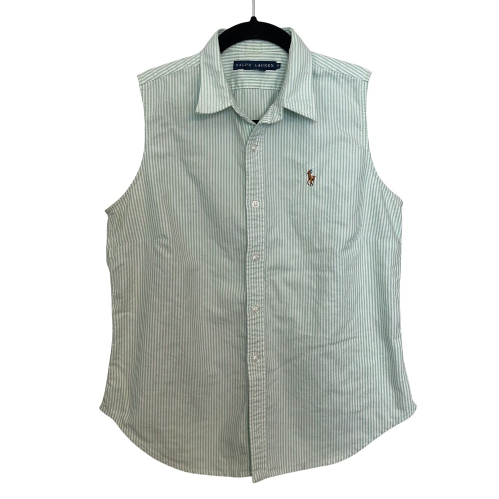Ralph Lauren Womens Green White Striped Sleeveless Cotton Oxford Shirt Size 8